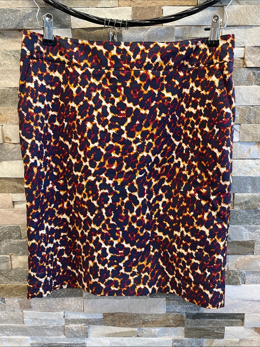 Merona Navy Leopard-Print Pencil Skirt with Burgundy & Cream Accents